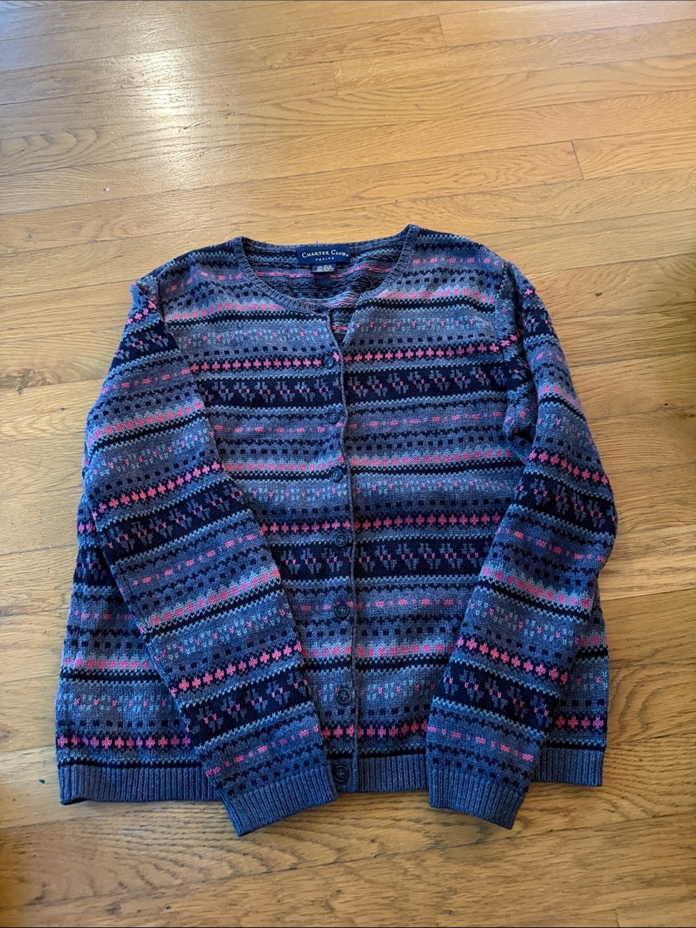Charter Club Navy, Pink & Gray Fair Isle Button Cardigan